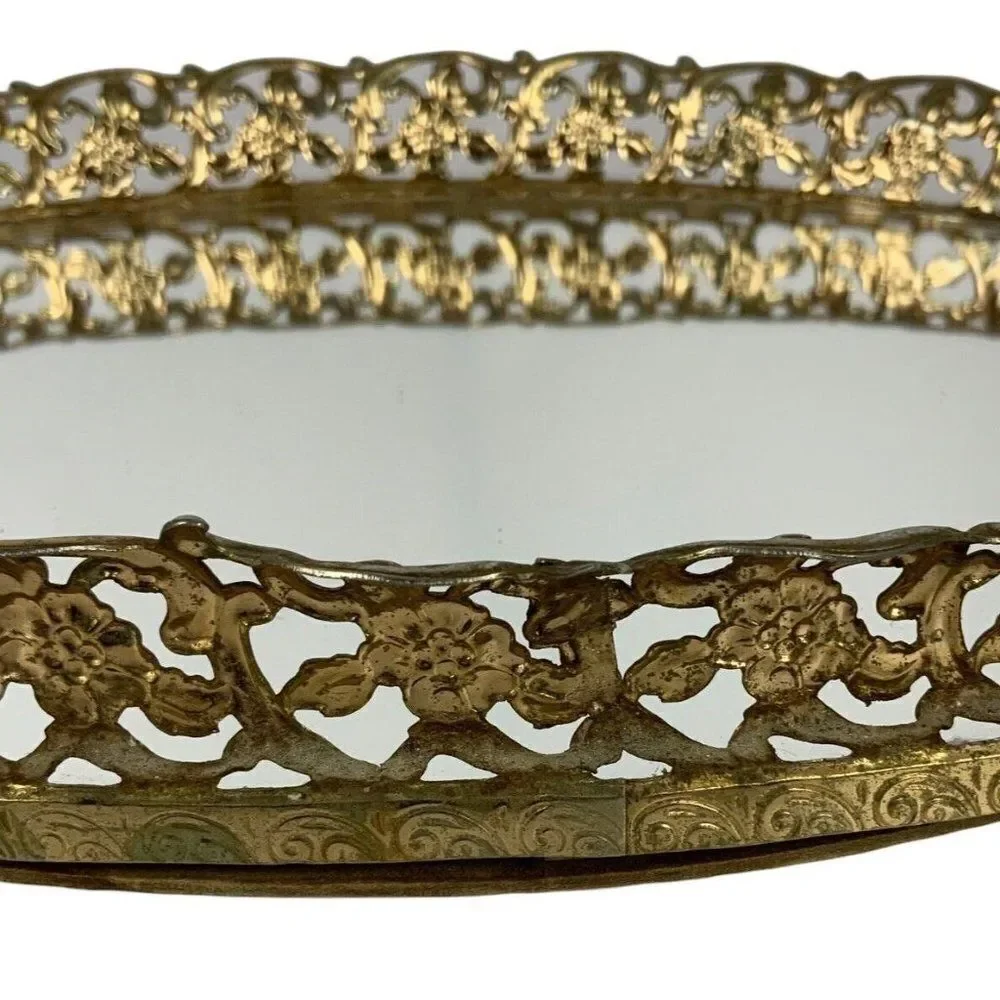 Vintage Oval Vanity Tray Gold Gilt Metal Filigree Mirror Hollywood Regency 1950s